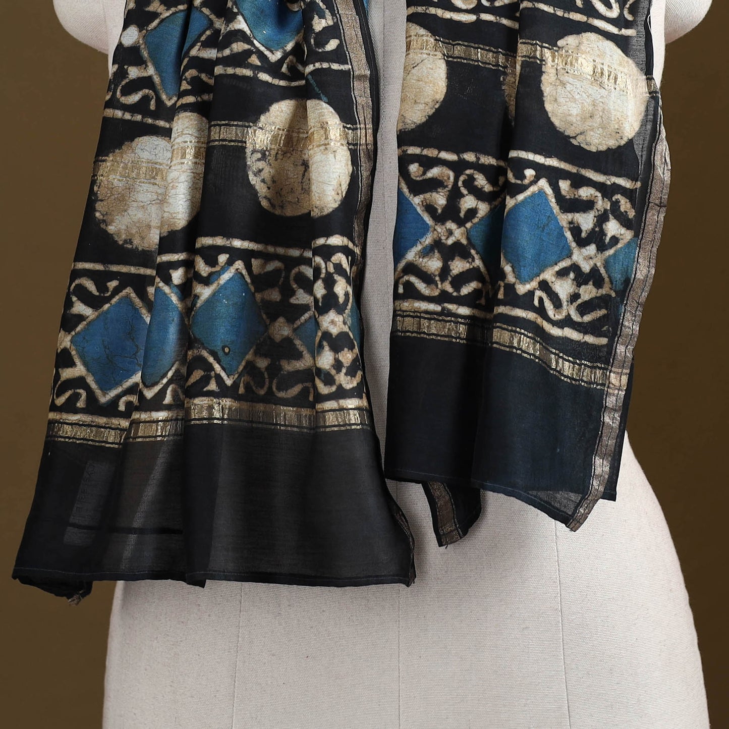 Black - Pipad Hand Block Print Natural Dyed Chanderi Silk Handloom Stole 03