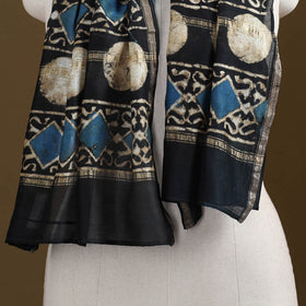 Black - Pipad Hand Block Print Natural Dyed Chanderi Silk Handloom Stole 03