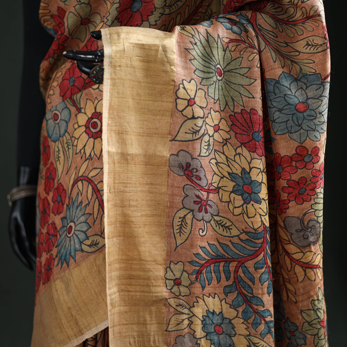 Pure Handloom Desi Tussar Silk Handpainted Srikalahasti Pen Kalamkari Saree with Zari Border 03