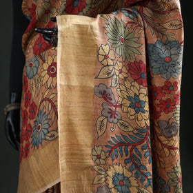 Pure Handloom Desi Tussar Silk Handpainted Srikalahasti Pen Kalamkari Saree with Zari Border 03