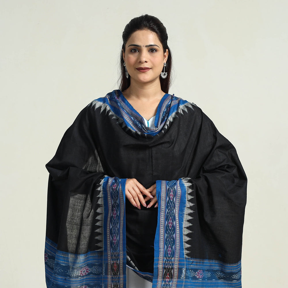 Black - Sambalpuri Ikat Weave Handloom Plain Cotton Dupatta 23