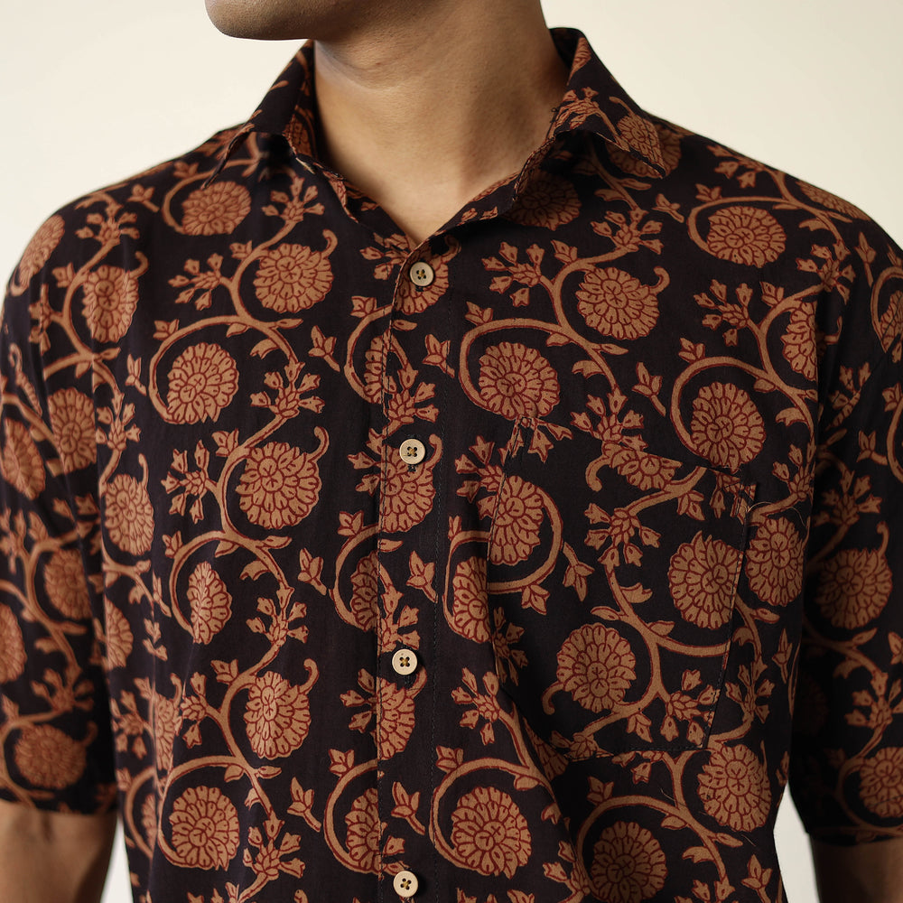 Brown - Bagh Hand Block Printed Cotton Men Half Sleeve Shirt 09