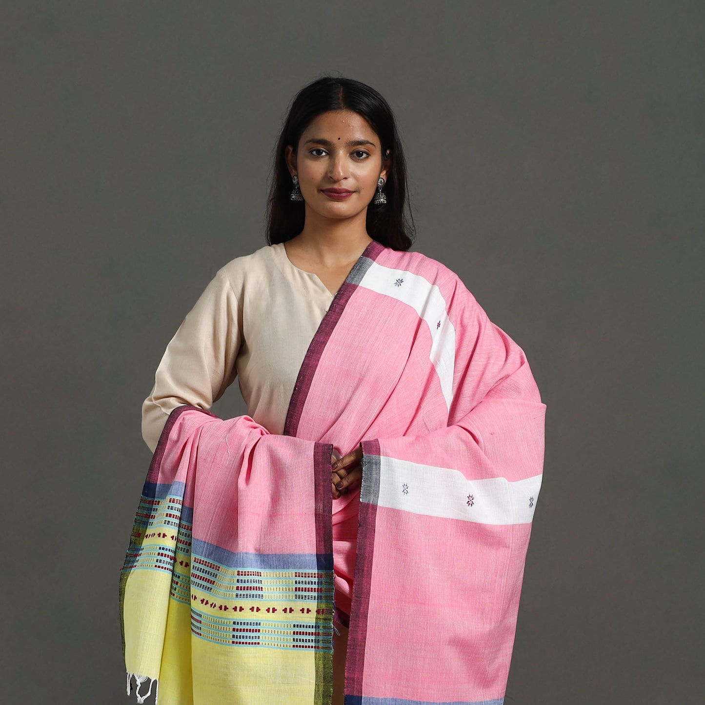 Pink - Assam Weave Thread Buti Cotton Handloom Dupatta 12