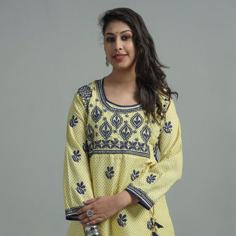 Light Yellow Chikankari Hand Embroidered Cotton Long Kurta