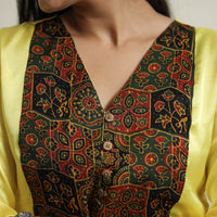 Yellow - Plain Modal Silk A-Line Kurta with Ajrakh Patchwork 09