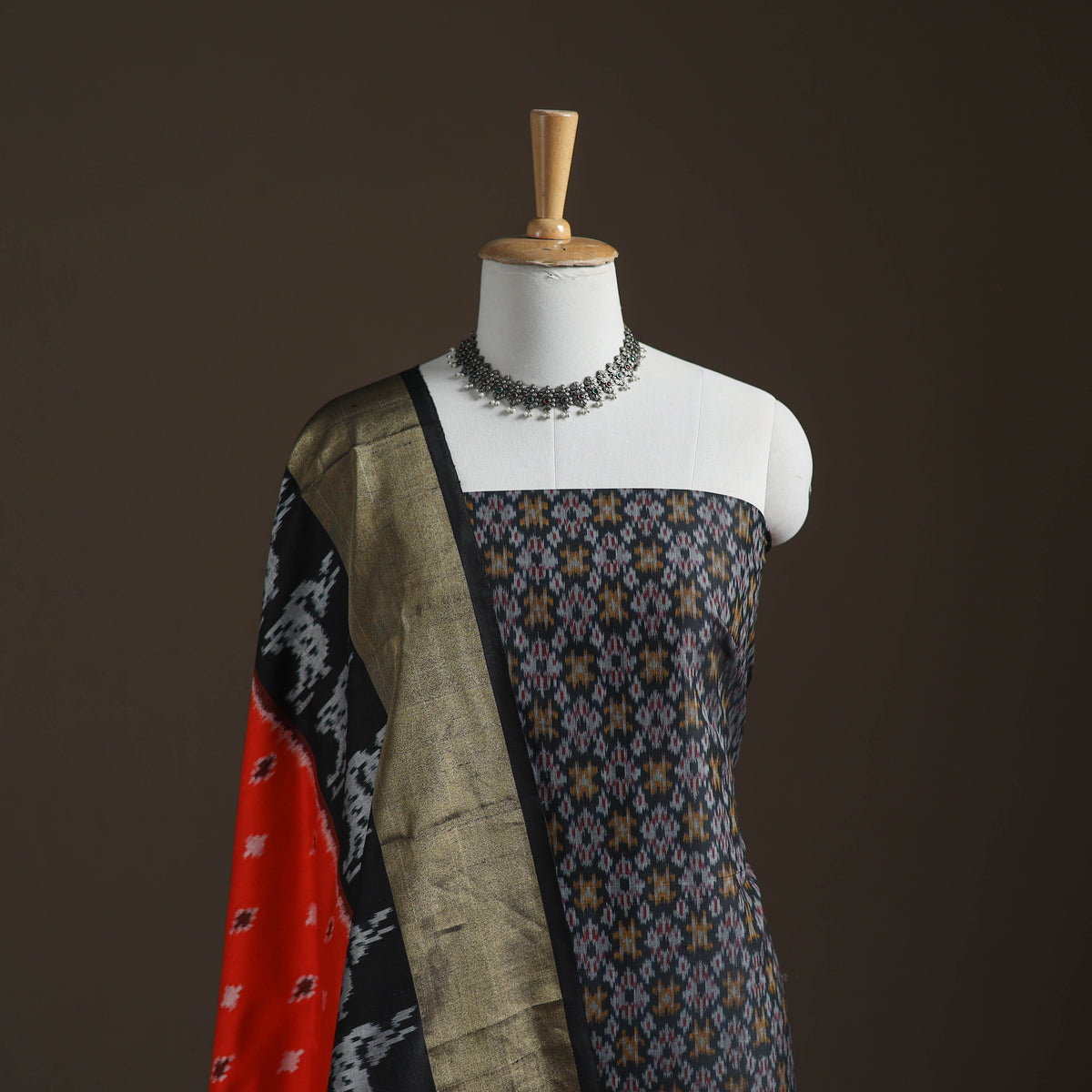 Pochampally Ikat Handloom Sico Unstitched Dress Material: Kurta with Mulberry Silk Dupatta 29