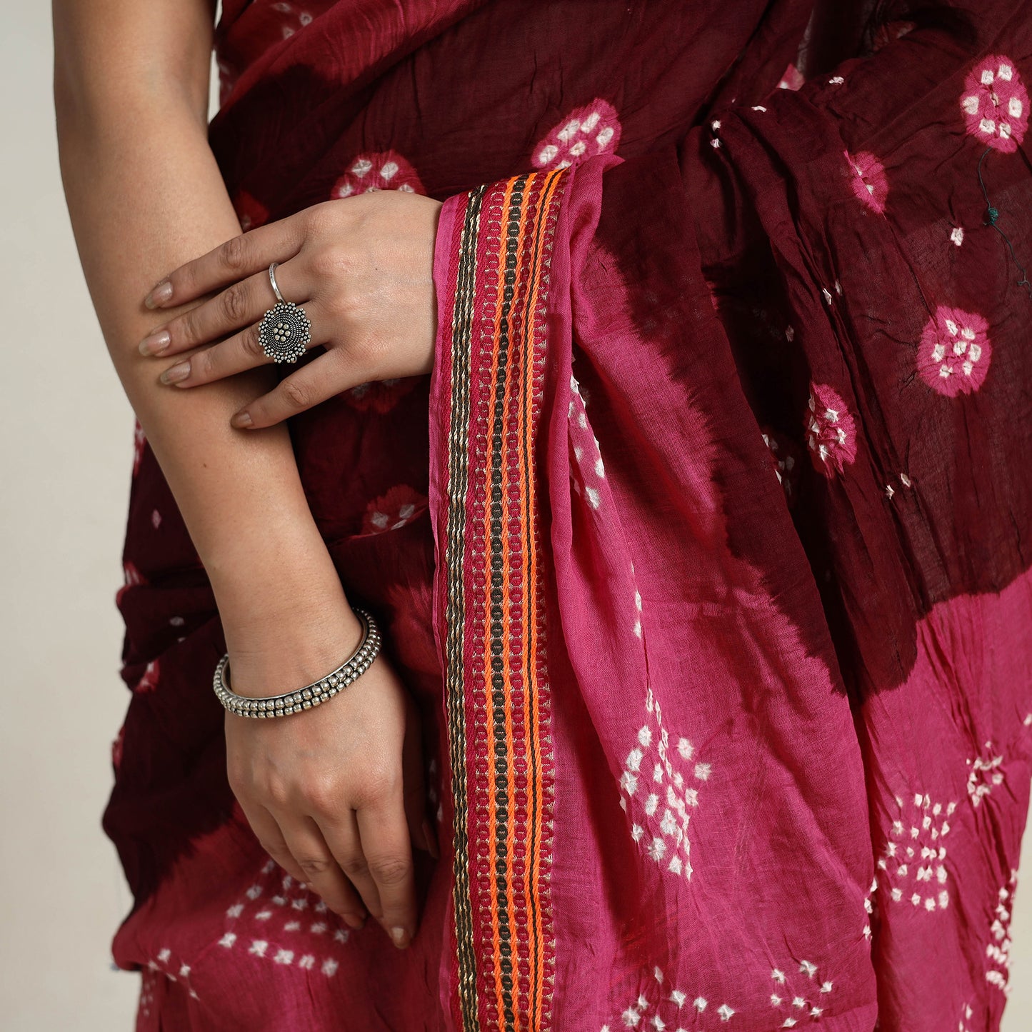 Maroon - Kutch Tie-Dye Cotton Bandhani Saree with Blouse Piece 21