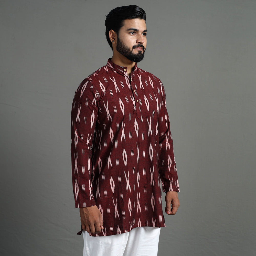 Maroon - Pochampally Ikat Weave Cotton Men Short Kurta