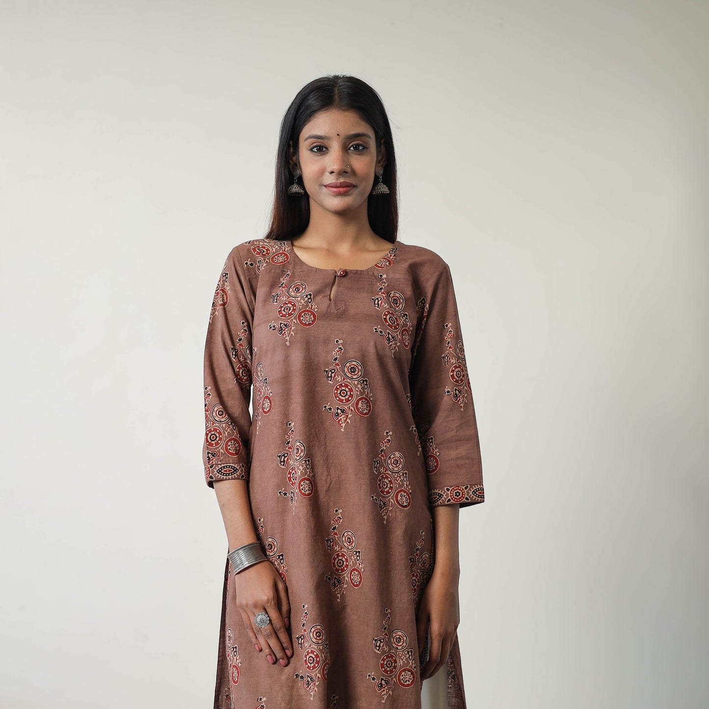 Brown - Block Printed Cotton Straight Ajrakh Kurta 10