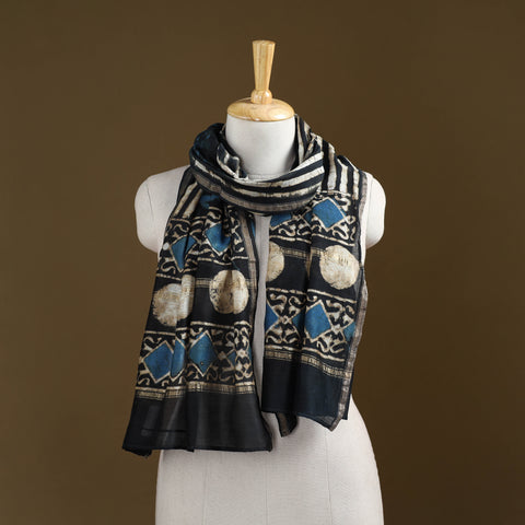 Black - Pipad Hand Block Print Natural Dyed Chanderi Silk Handloom Stole 03