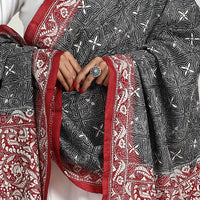 Black - Handloom Tussar Silk Bengal Kantha Embroidery Dupatta 12