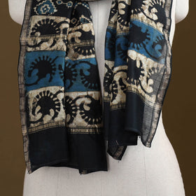 Black - Pipad Hand Block Print Natural Dyed Chanderi Silk Handloom Stole 04