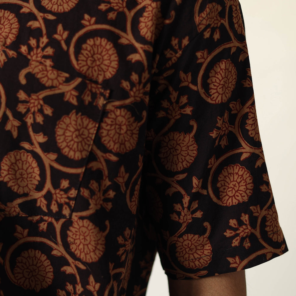 Brown - Bagh Hand Block Printed Cotton Men Half Sleeve Shirt 09