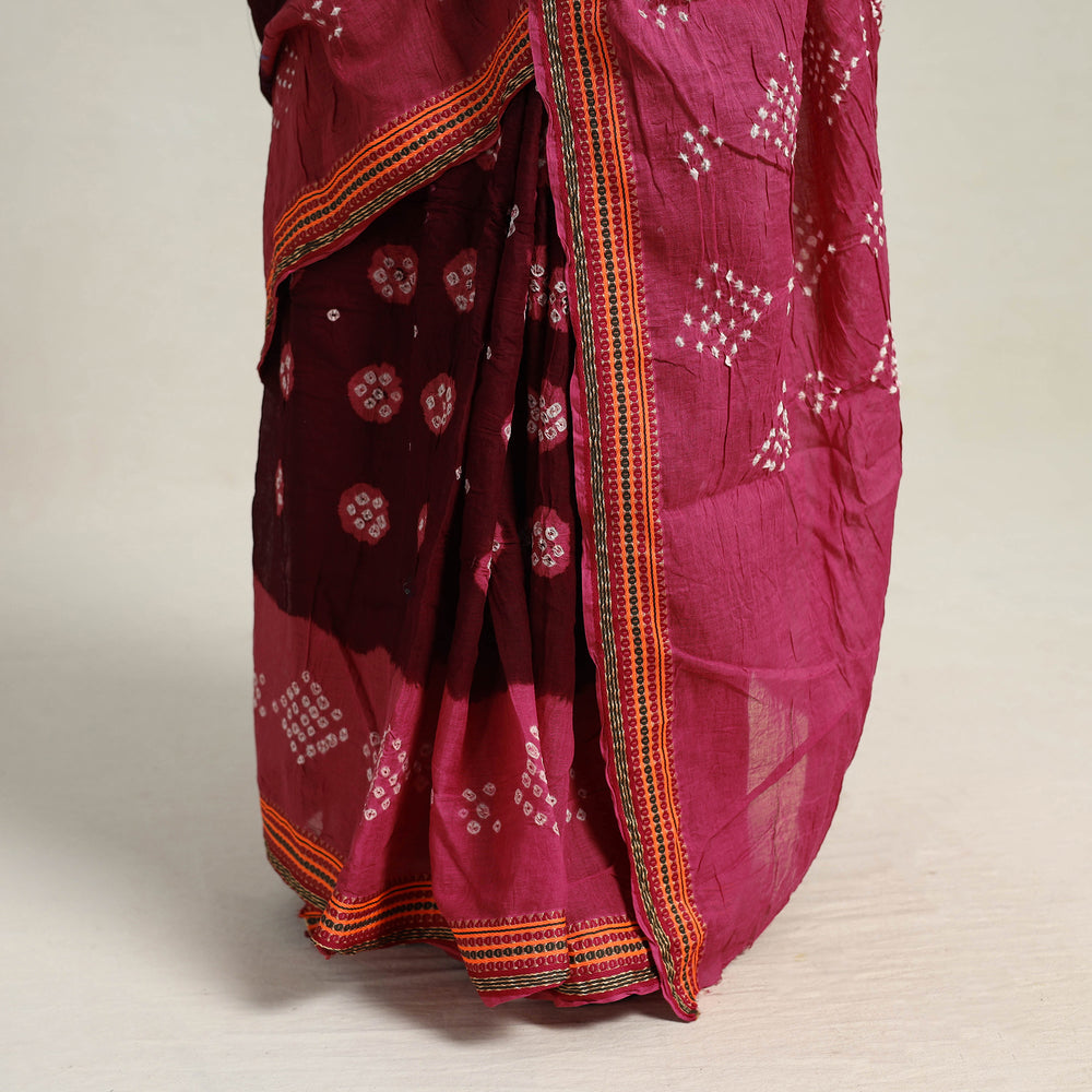 Maroon - Kutch Tie-Dye Cotton Bandhani Saree with Blouse Piece 21