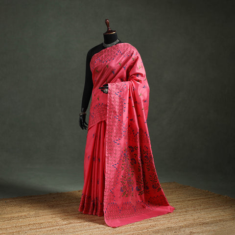 Pink - Bengal Nakshi Kantha Hand Embroidered Silk Saree 49