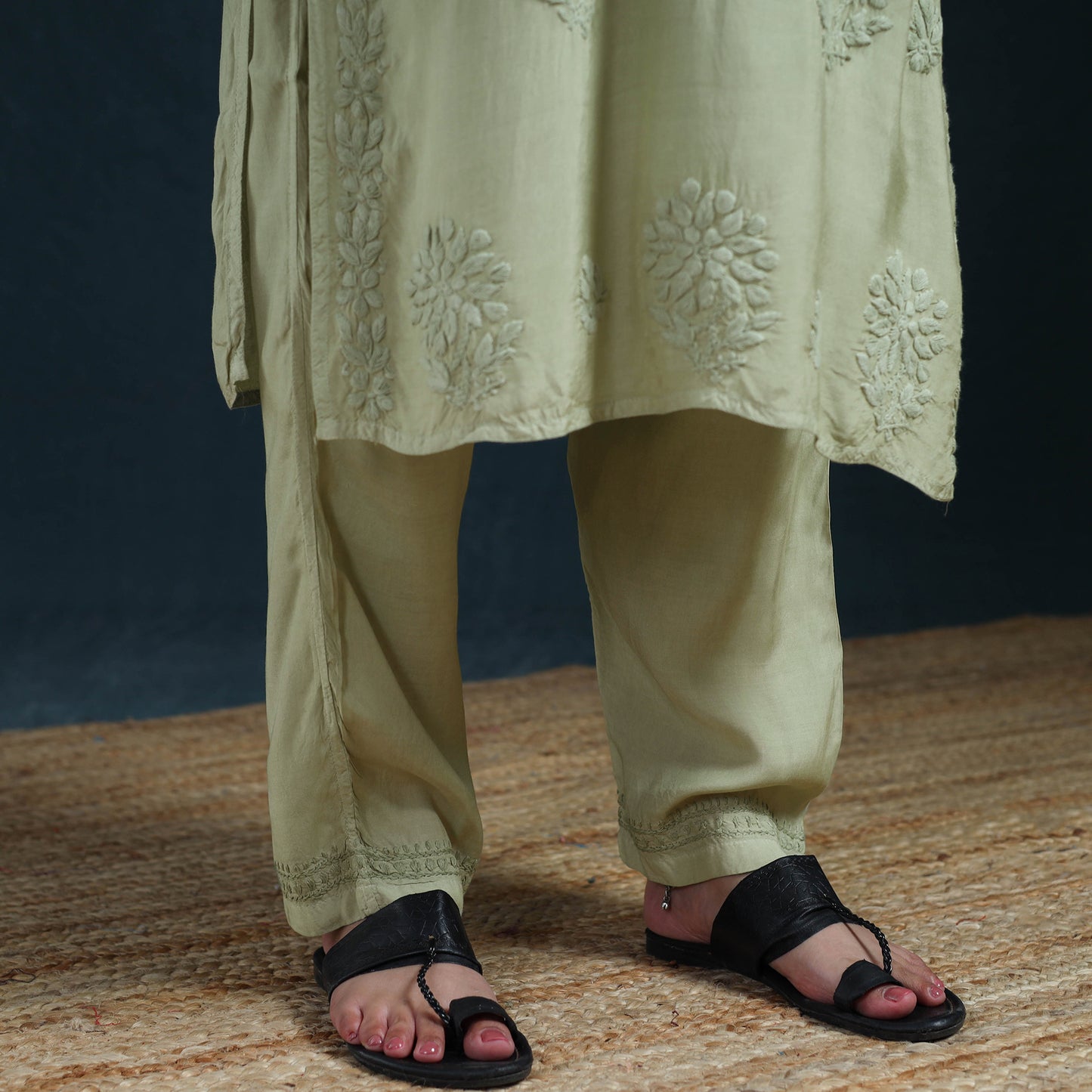 Green - Hand Embroidered Muslin Chikankari Kurta with Pant Set for Women 26