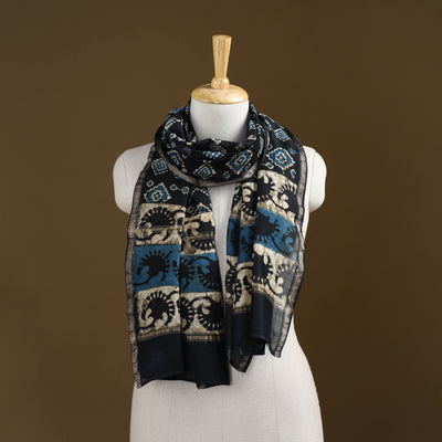 Black - Pipad Hand Block Print Natural Dyed Chanderi Silk Handloom Stole 04