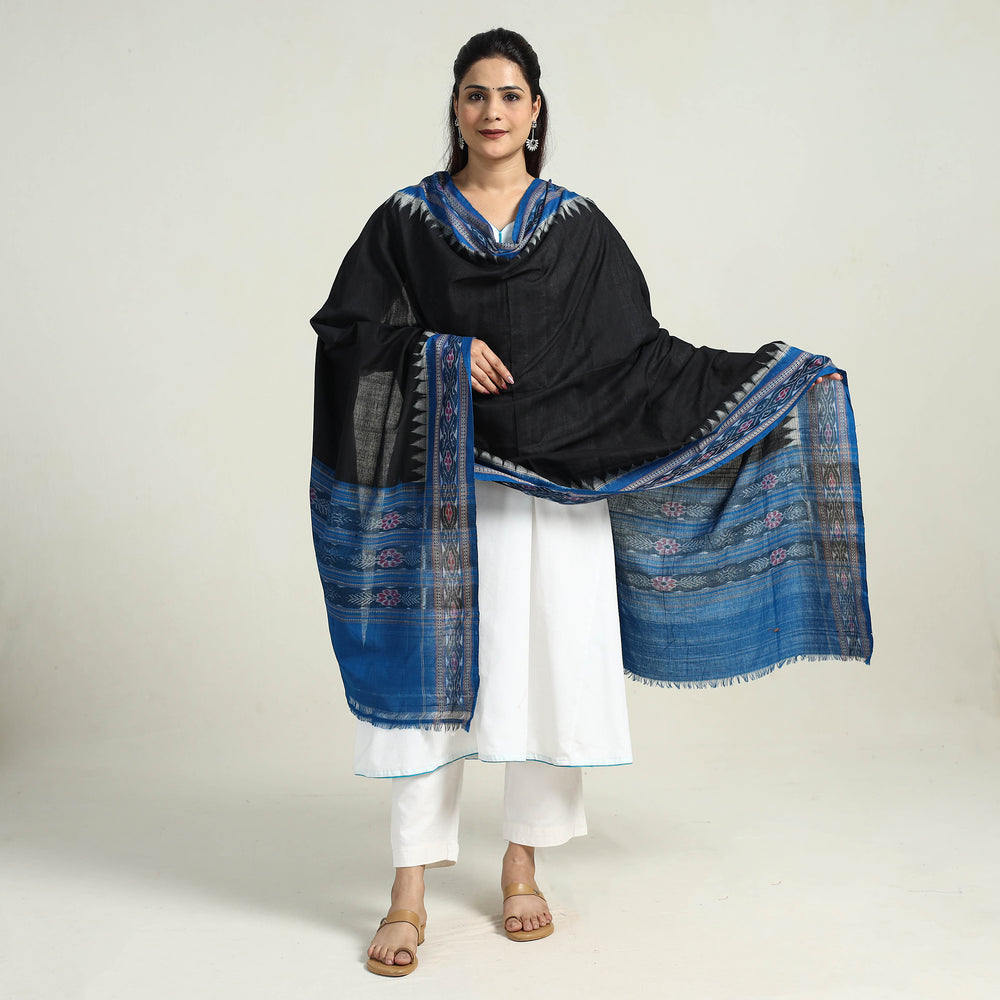 Black - Sambalpuri Ikat Weave Handloom Plain Cotton Dupatta 23