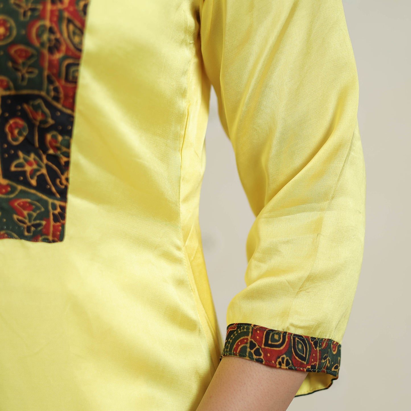 Yellow - Plain Modal Silk A-Line Kurta with Ajrakh Patchwork 09