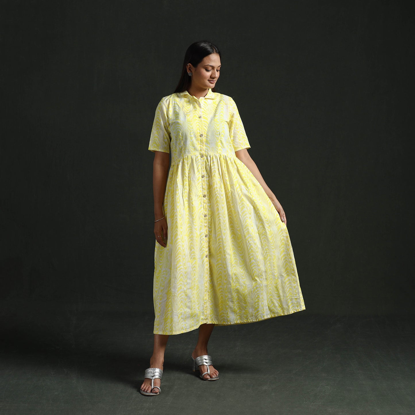 Collared Neck Buttoned Down Flared Cotton Hand Block Batik Print Dress 05