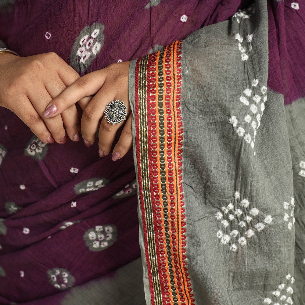 Purple - Kutch Tie-Dye Cotton Bandhani Saree with Blouse Piece 21