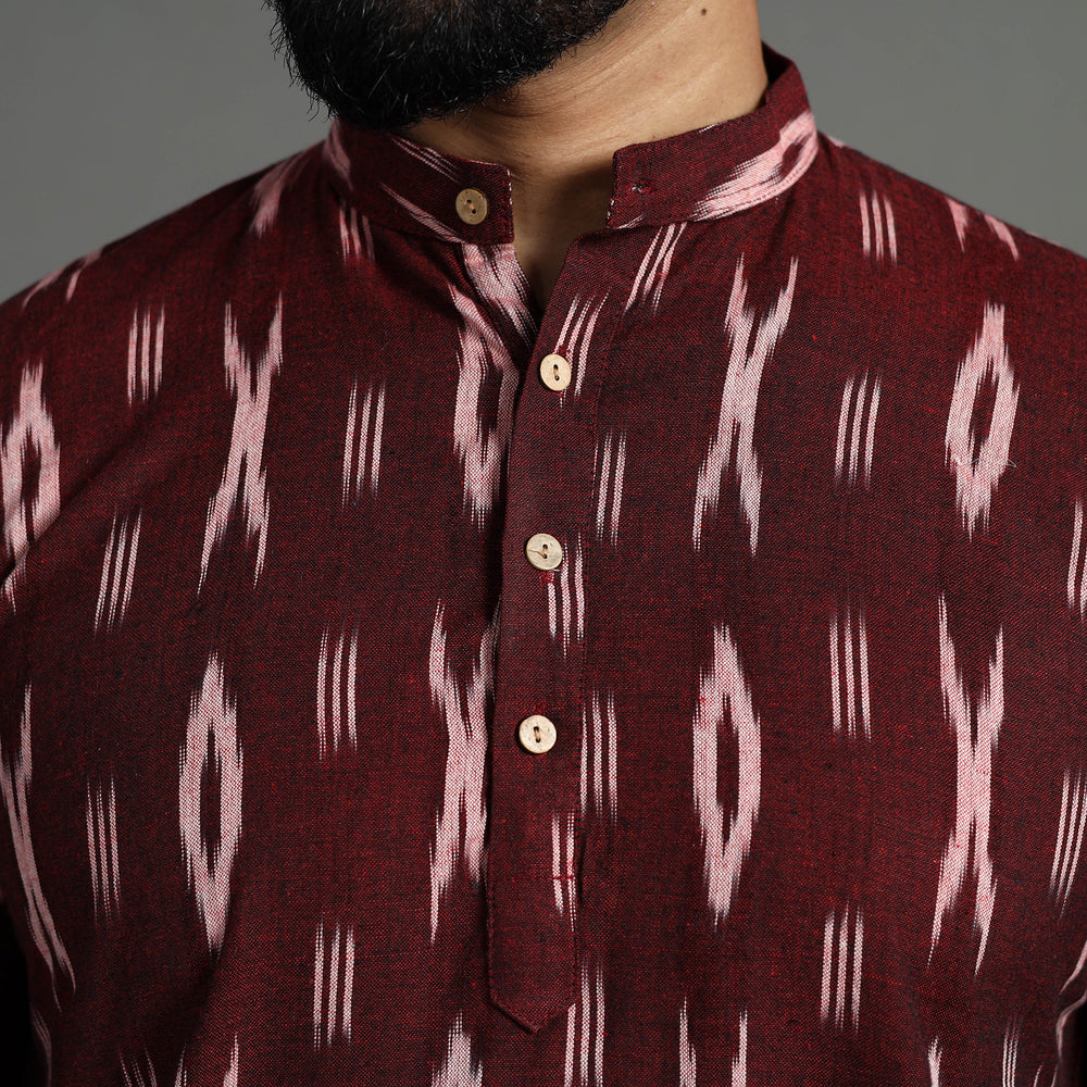 Maroon - Pochampally Ikat Weave Cotton Men Short Kurta