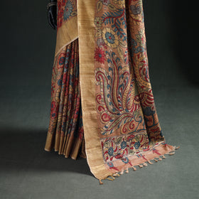 Pure Handloom Desi Tussar Silk Handpainted Srikalahasti Pen Kalamkari Saree with Zari Border 03