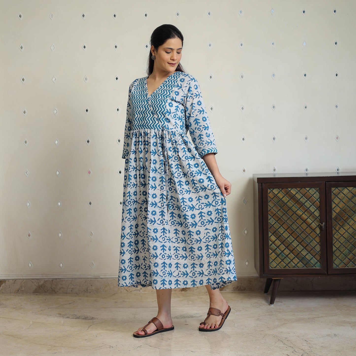 Blue - Pure Cotton Angrakha Batik Print Dress 01