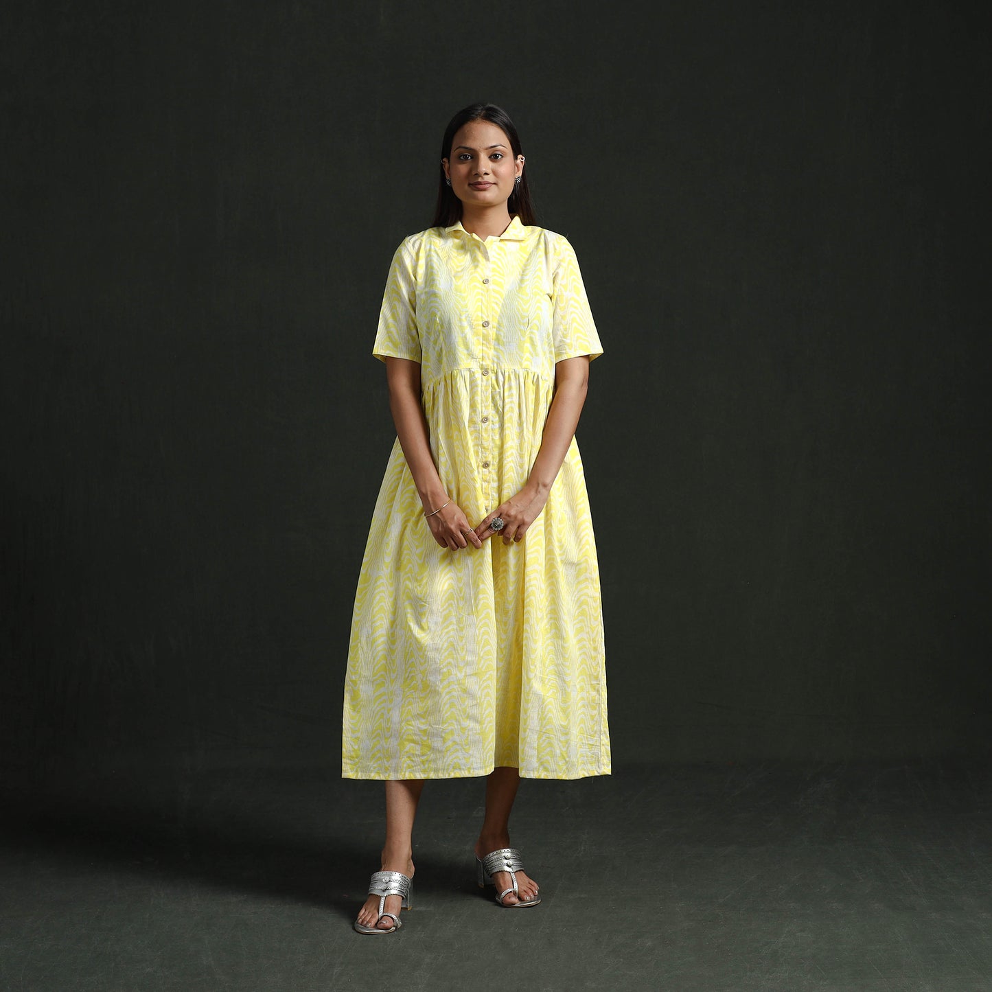 Collared Neck Buttoned Down Flared Cotton Hand Block Batik Print Dress 05