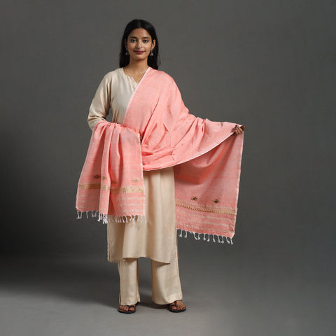 Peach - Assam Weave Thread Buti Cotton Handloom Dupatta 13