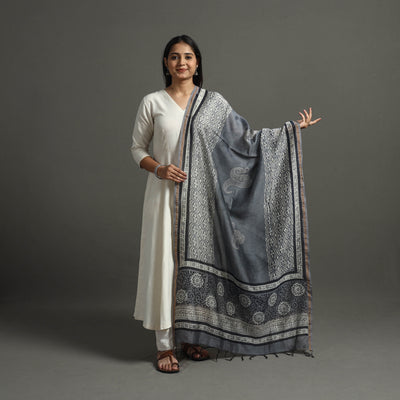 Grey - Block Printed Chanderi Silk Bagru Dupatta 62