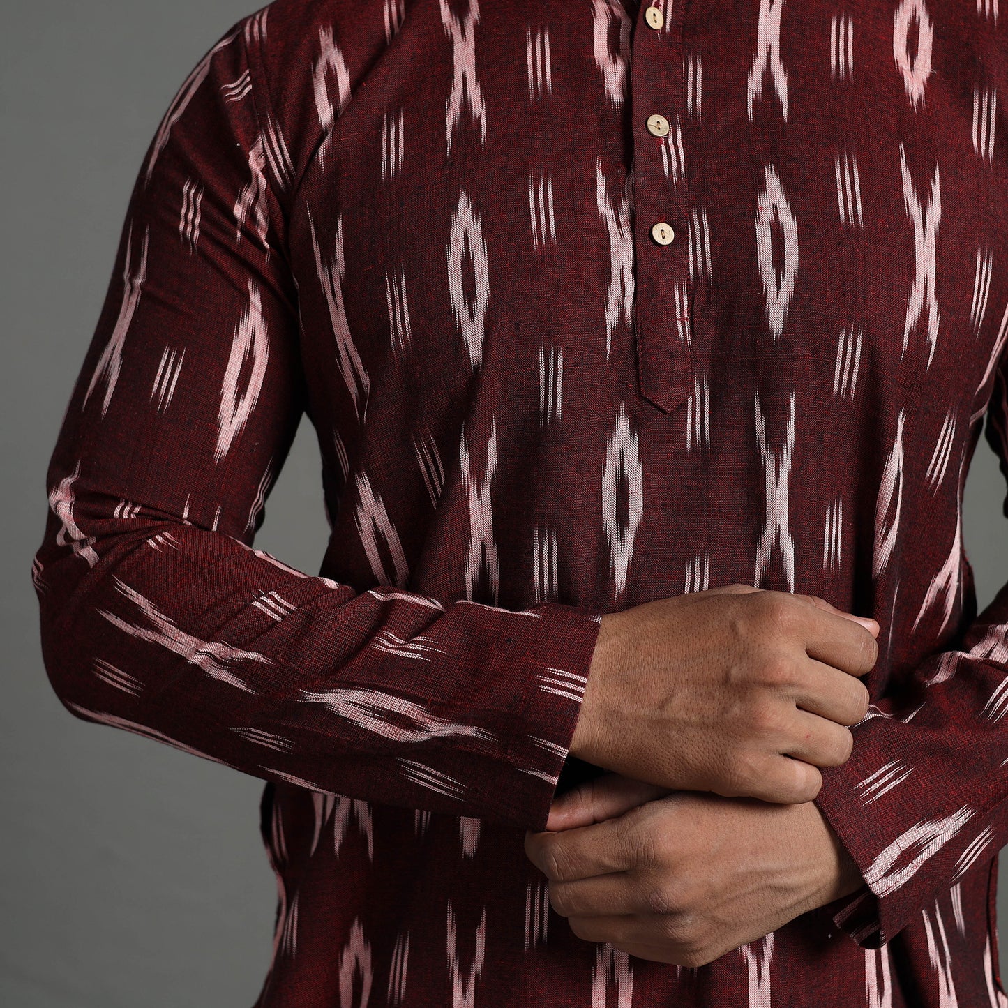 Maroon - Pochampally Ikat Weave Cotton Men Short Kurta