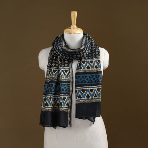Black - Pipad Hand Block Print Natural Dyed Chanderi Silk Handloom Stole 05