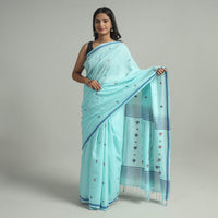 Blue - Handloom Cotton Phulia Jamdani Saree with Tassels 06