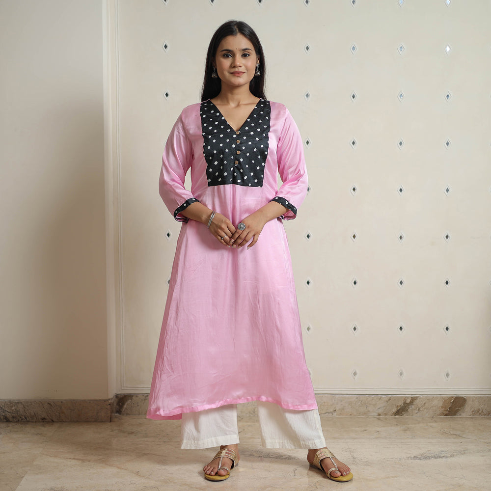 Pink - Plain Modal Silk A-Line Kurta with Bandhani Patchwork 08