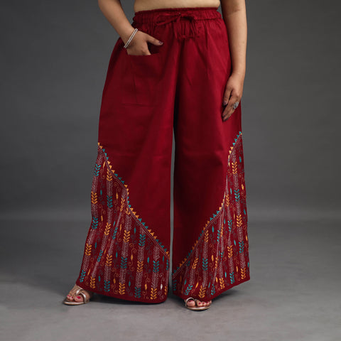 Red - Kantha Hand Embroidery Palazzo in Cotton 26