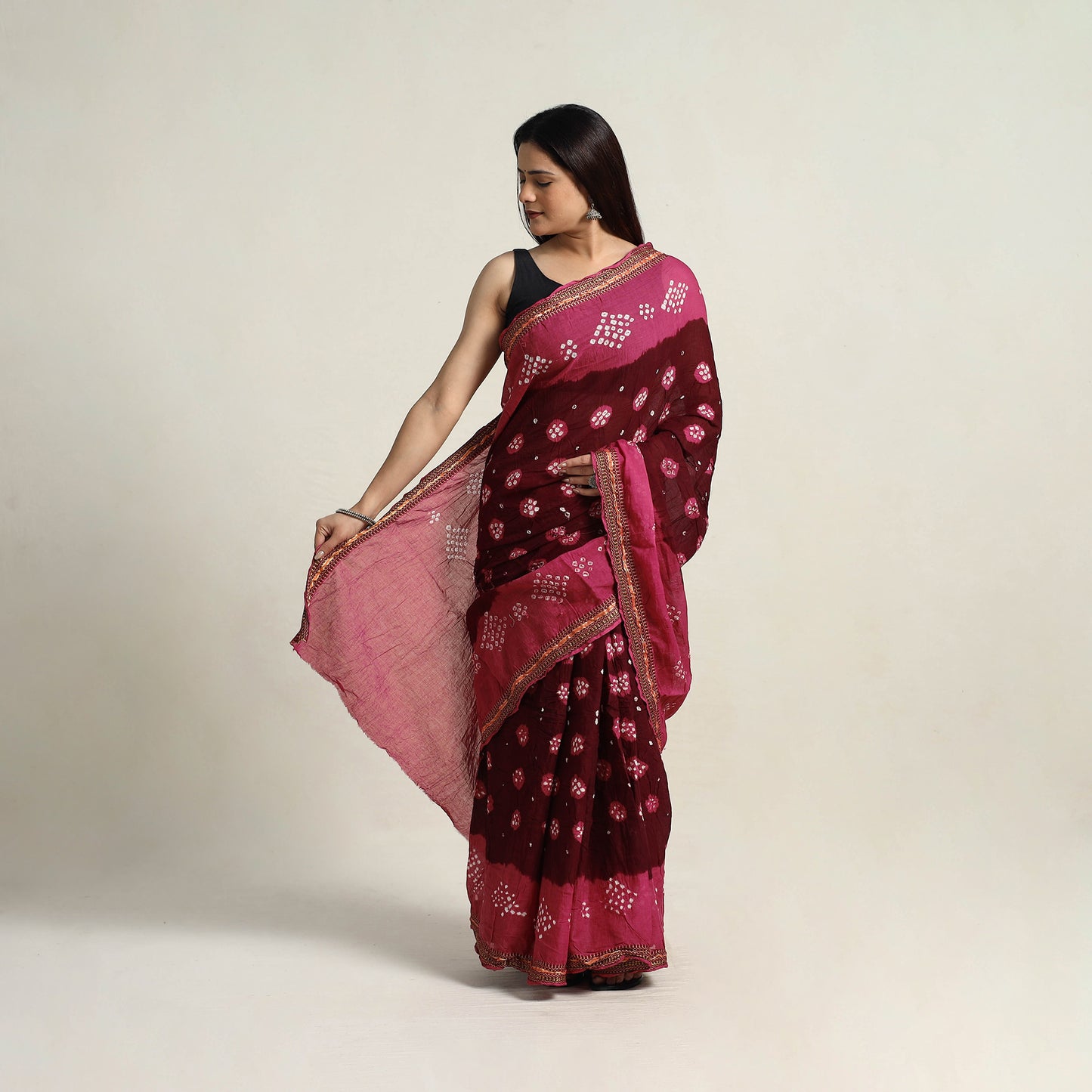 Maroon - Kutch Tie-Dye Cotton Bandhani Saree with Blouse Piece 20