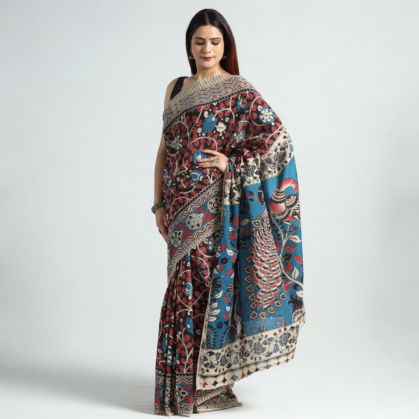 Multicolor - Kalamkari Printed Cotton Saree with Blouse Piece 26