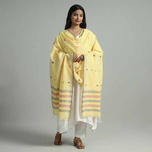 Yellow - Bengal Jamdani Buti Handloom Cotton Dupatta with Tassels 39