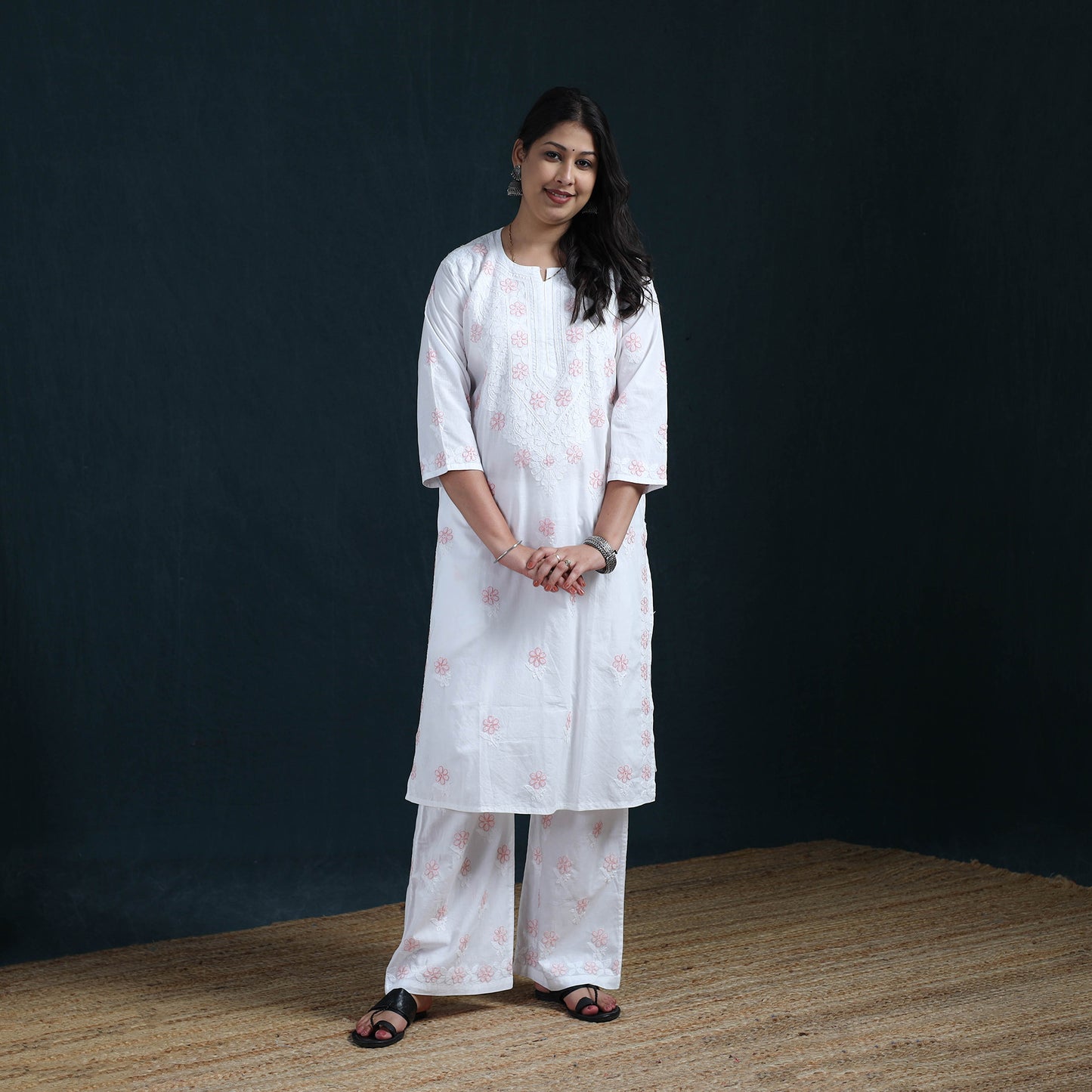 White - Hand Embroidered Mul Cotton Chikankari Kurta with Palazzo Set for Women 33