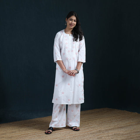 White - Hand Embroidered Mul Cotton Chikankari Kurta with Palazzo Set for Women 33