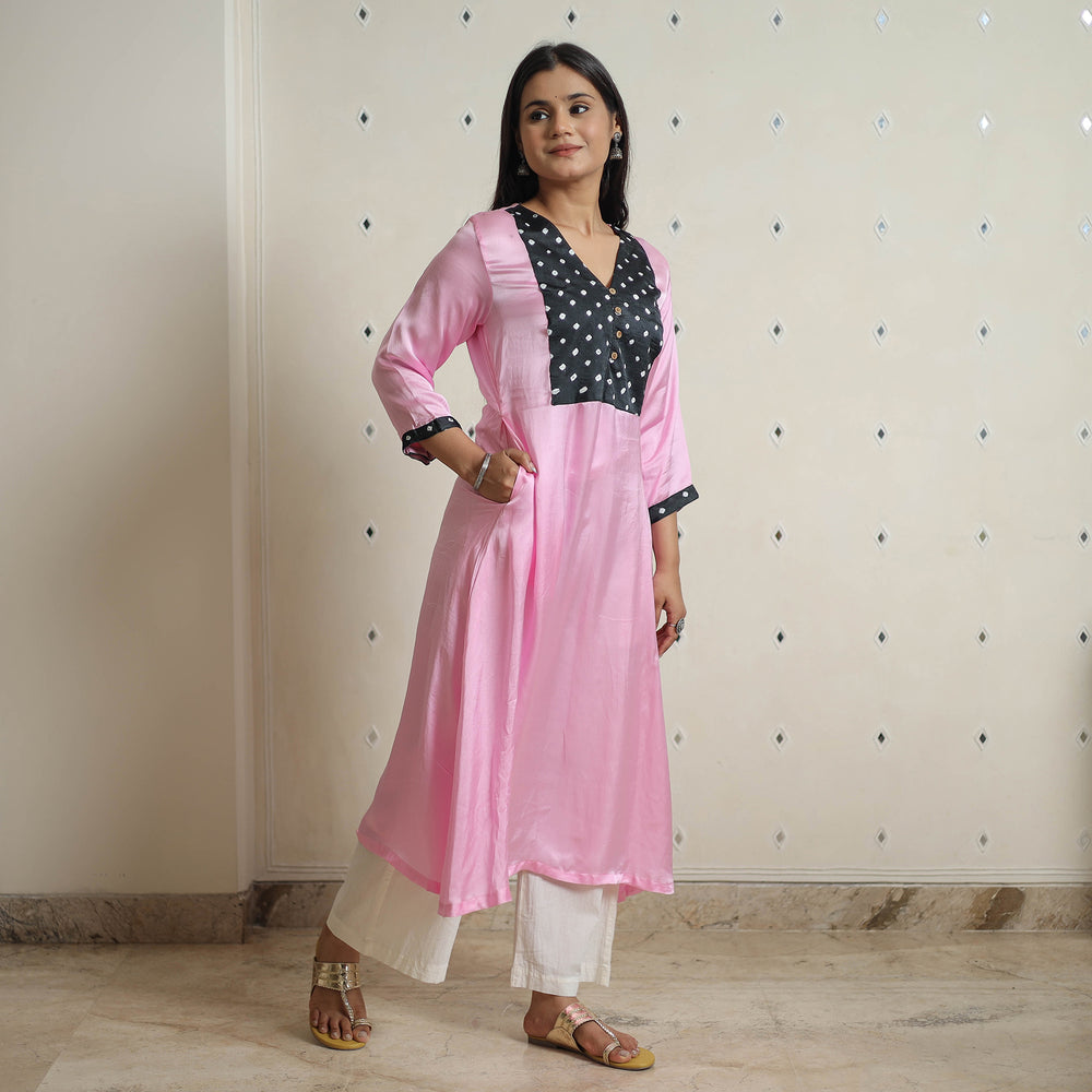 Pink - Plain Modal Silk A-Line Kurta with Bandhani Patchwork 08