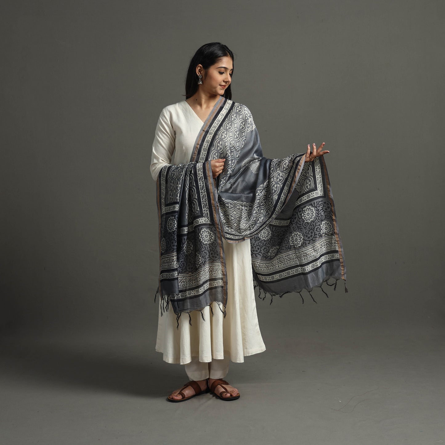 Grey - Block Printed Chanderi Silk Bagru Dupatta 62