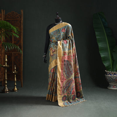 Pure Handloom Desi Tussar Silk Handpainted Srikalahasti Pen Kalamkari Saree with Zari Border 04