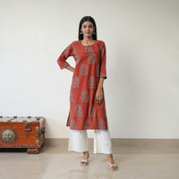 Red - Block Printed Cotton Straight Ajrakh Kurta 06