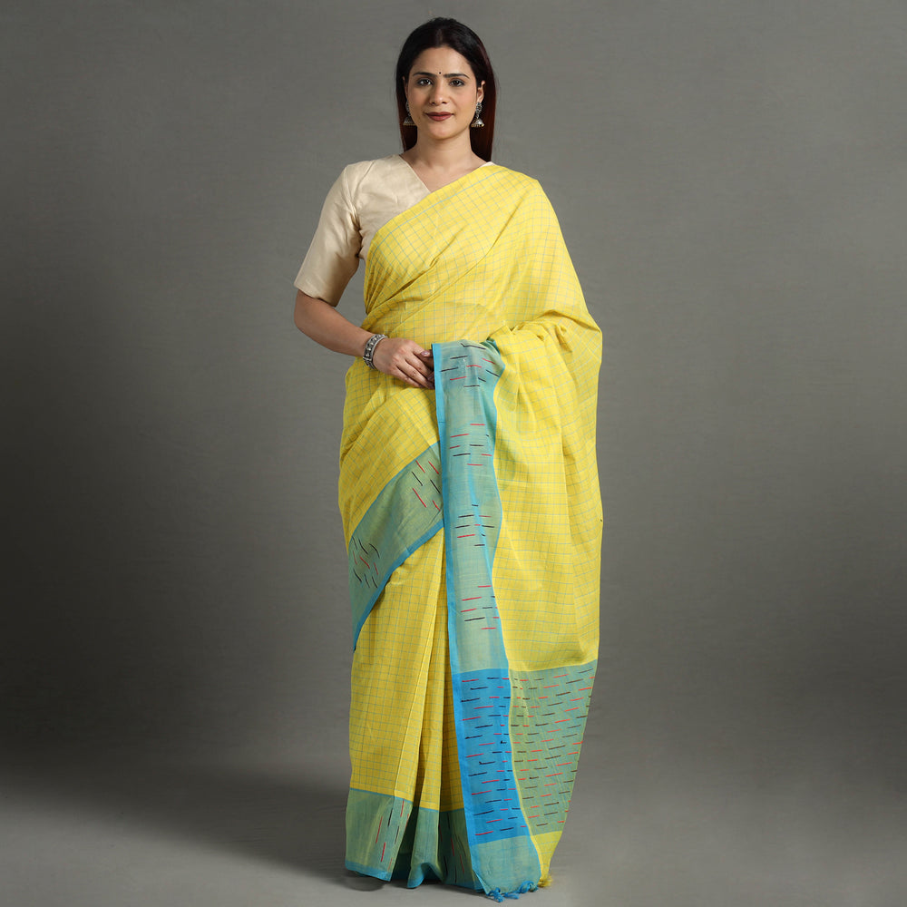 Yellow - Traditional Venkatagiri Handloom Cotton Checks Saree 06