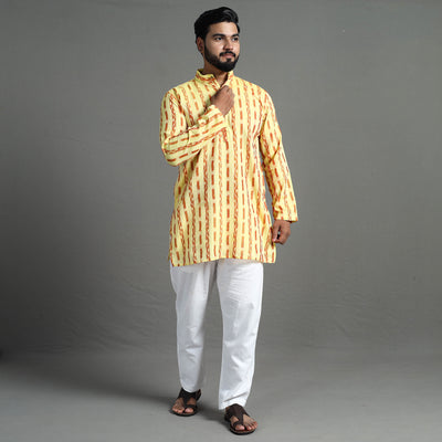 Light Yellow - Sambalpuri Ikat Weave Cotton Men Short Kurta