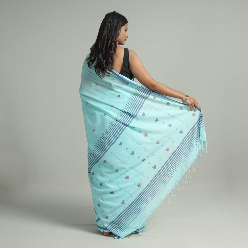 Blue - Handloom Cotton Phulia Jamdani Saree with Tassels 06