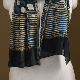 Black - Pipad Hand Block Print Natural Dyed Chanderi Silk Handloom Stole 07