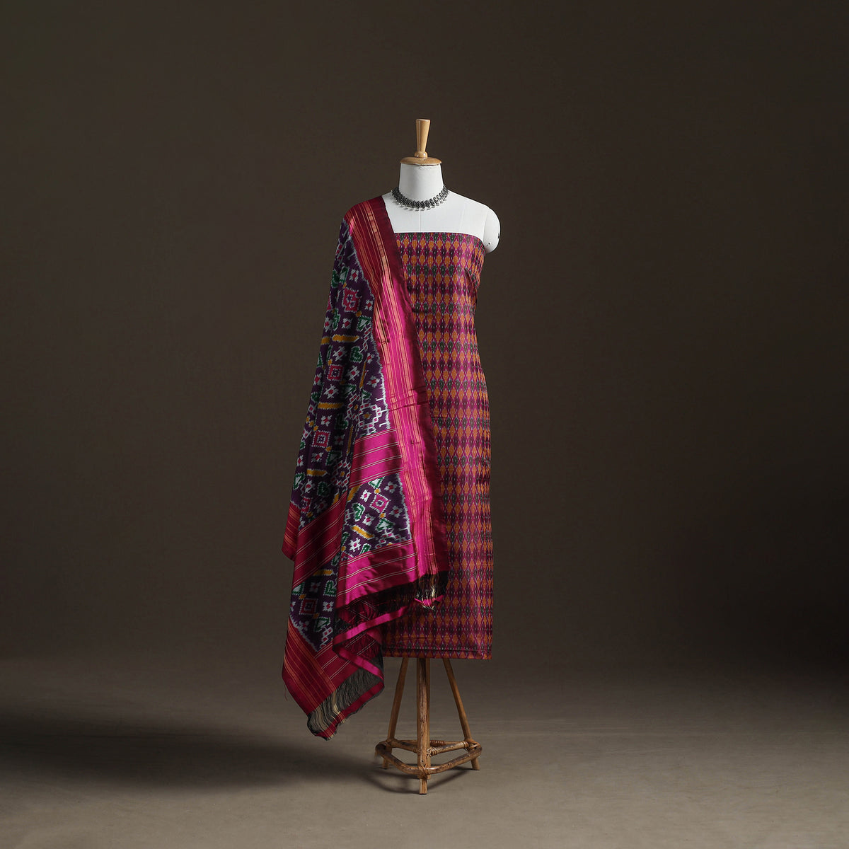 Pochampally Ikat Handloom Sico Unstitched Dress Material: Kurta with Mulberry Silk Dupatta 30